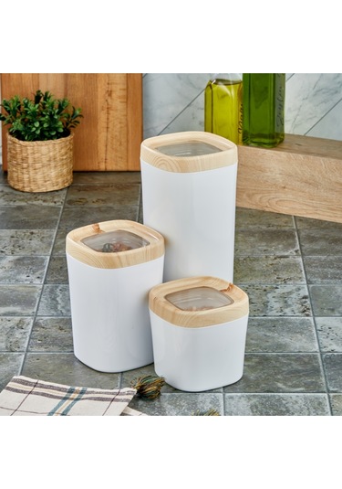 Ceronni Bonny Erzak Saklama Kabı 3lü Set Ahşap Kaplama Kapak Renkli Hazne 1,8lt - 1lt - 600ml Açık Ahşap Ahşap