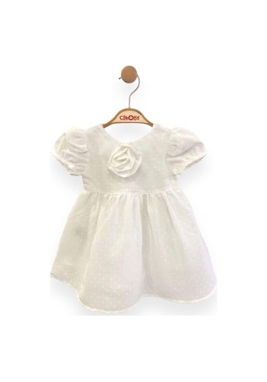 Çikoby Kız Bebek Gül Detaylı Şık Elbise-13761 Beyaz