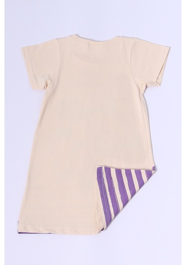 Kız Çocuk Elbise Karakter Baskılı Çizgili A25 Bej