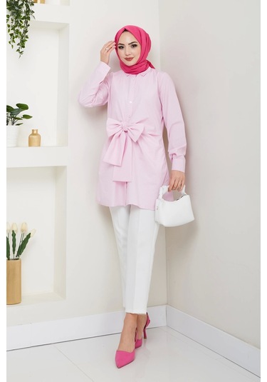 Çizgili Poplin Bağlamalı Gömlek - Pudra / Ü103 Pudra