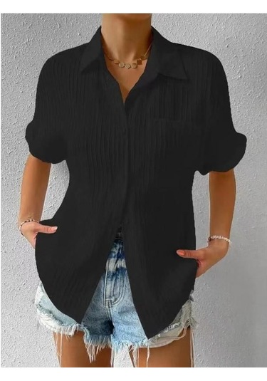Kadın Cep Gömleği Düz Renk Günlük Yaka Gömleği Dikey Çizgili Üst Siyah