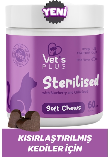 Vet's Plus Sterilised Çiğnenebilir Tablet 60'lı Kısır Kediler İçin Yaban Mersinli Urinary Destek