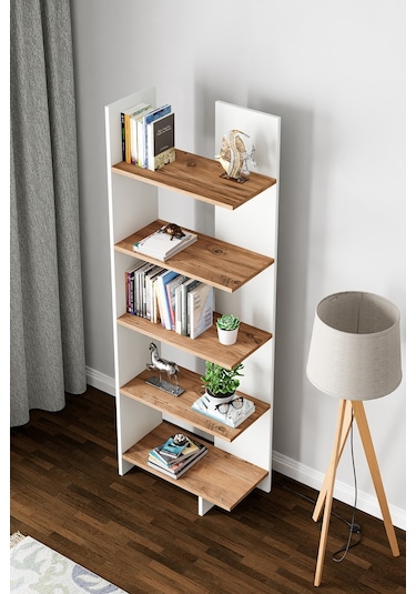 Asimetrik Beş Raflı Kitaplık Beyaz- Atlantik Çam
