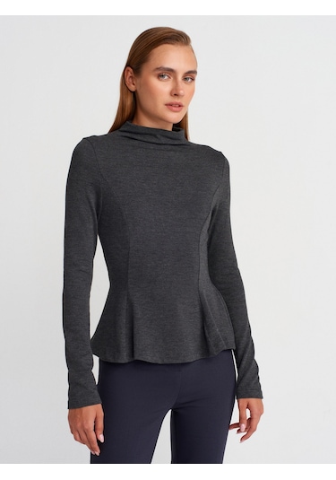 Dilvin 32038 Uzun Kollu Peplum Top-antrasit M Antrasit M