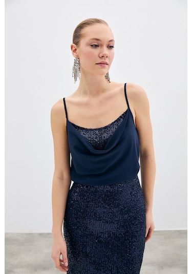 Sateen Degaje Yaka Bluz - Lacivert-135514 Lacivert