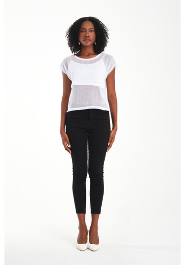 Uzun Kol Kare File Bluz Beyaz