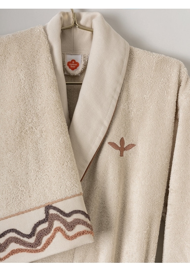 Cotton Box Puff Nakışlı Aile Bornoz Seti Molende Bej-antrasit Antrasit Bej