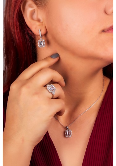 925 Ayar Gümüş Rodyumlu Triple Zirkon Süslemeli Baget Bayan Takı Seti -8244 Gümüş