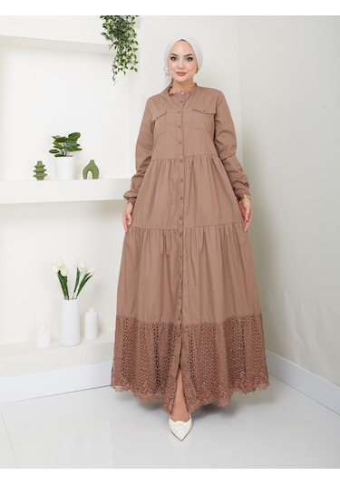 Dantelli Doğal Kumaşlı Boydan Düğmeli Kot Elbise Vizon