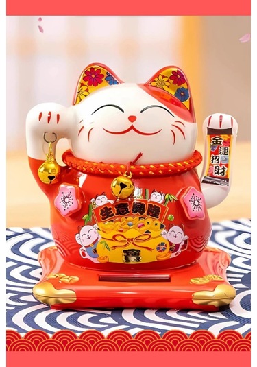 Seramik Maneki Neko Kırmızı Güneş Enerjili Şans Kedisi 12cm No.1