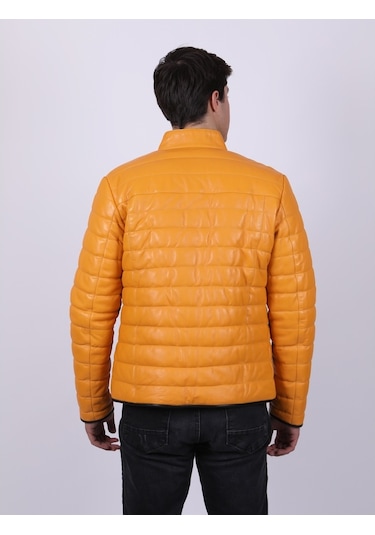 New Zaya Leather Erkek Şişme Sarı Deri Ceket Sarı