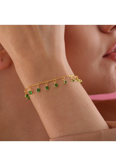 Queen Silver Jewelry 925 Ayar Gümüş Ful Sallantılı Yeşil Renk Geçişli Bileklik Altın