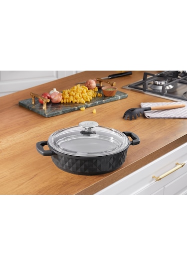 Taç Bella Cam Kapak Döküm Basık Tencere 28 Cm