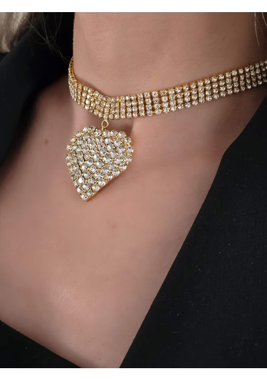 Sallantılı Kalp Model Rhinestone Choker Tasma Model Gold Renk Kolye Gold Çok Renkli