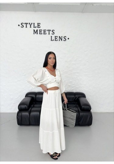 Midyeli V-yaka Bağlamalı Crop Dizaltı Etek Bluz Sahil 2li Takım Beyaz