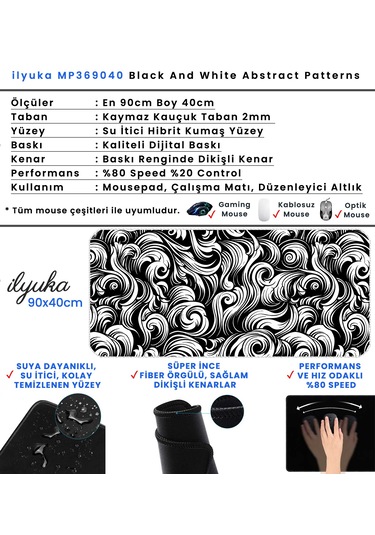 İlyuka Mousepad 90x40cm Büyük Boy Xxl Black And White Abstract