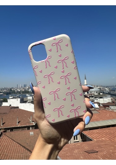 İphone 11 Pro Max Uyumlu Pembe Kurdele Tasarımlı Telefon Kılıfı - Krem