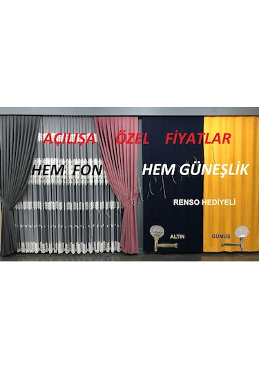 Perdefony 43 Renk Fon Perde Hem Pileli Hem Düz Dikim Renso  100 Standart Standart 2 Adet 100'Şer Cm-Perde Kuşağı Ve Renso Istemiyorum 1 - 1 Pilesiz Düz Dikim