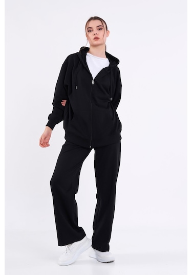 Kadın Siyah Normal Kalıp Basic Beli Lastikli Kapüşonlu Oversize Mevsimlik Alt Üst Eşofman Takımı Cmre7367 Siyah