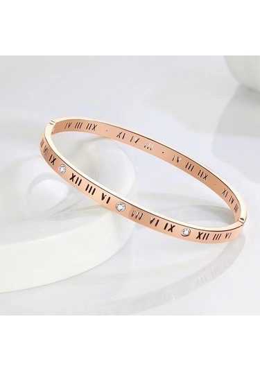 Roma Rakam Ince Taşlı Rose Çelik Bileklik Rose Gold