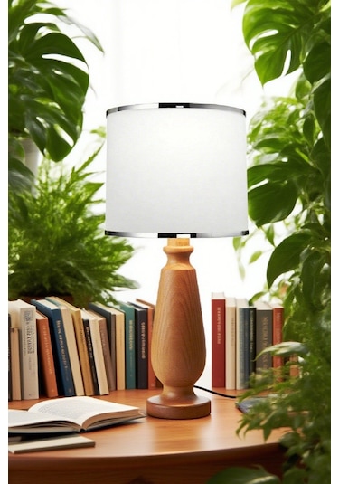 Manolya Masa Abajuru Ahşap Gövde Kumaş Başlık Dekoratif Masa Lambası Gece Lambası Gümüş