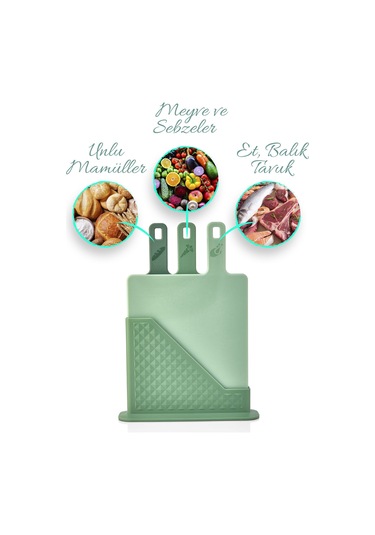 4'lü Tezgah Üstü Standlı Kulplu Kesme Tahtası - Çoklu Doğrama Tahtası Ekmek Sebze Et Kesim Panosu Yeşil