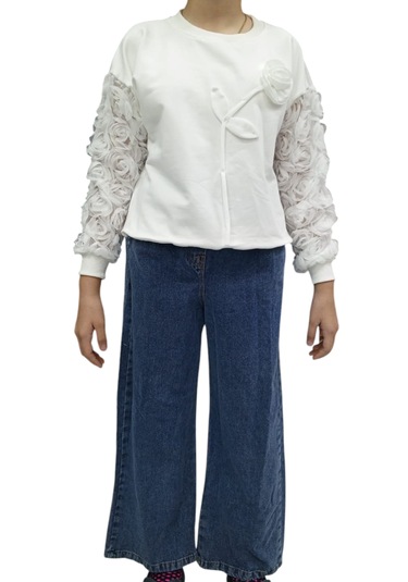 Kız Çocuk Tül Kollu Gül Detaylı Sweatshirt Ve Bol Paça Kot Pantolon Takımı Beyaz