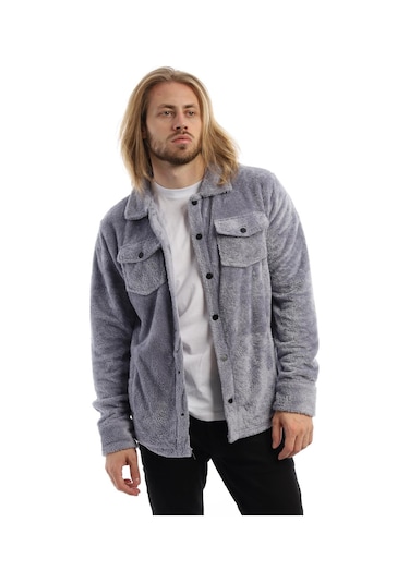 Erkek Çıt Çıt Detaylı Cepli Peluş Ceket Gri-mavi Gri
