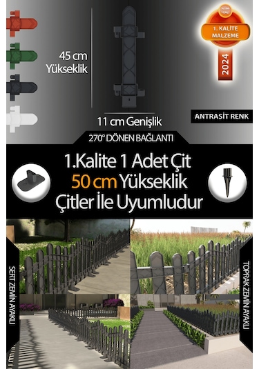 Uzunluk - Köşe - Kenar Tamamlama Çiti - 50 Cm Yükseklik Çit İle Uyumludur - Antrasit Gri