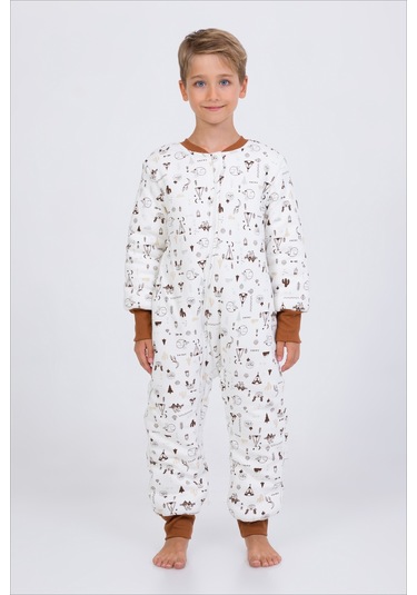 Kız Erkek Çocuk Kalın Elyaf Dolgulu Premium Kalite 2.5 Tog Desenli Uyku Tulumu Kahverengi - Ekru