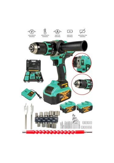 128 V 10 Ah Bakır Sargılı Darbeli Matkap Çift Akülü Metal Mandren