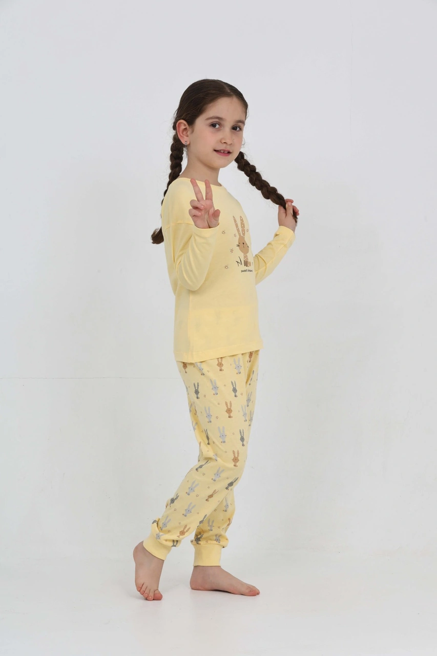 Toontoy Kız Çocuk Tavşan Baskılı Pijama Takım Sarı