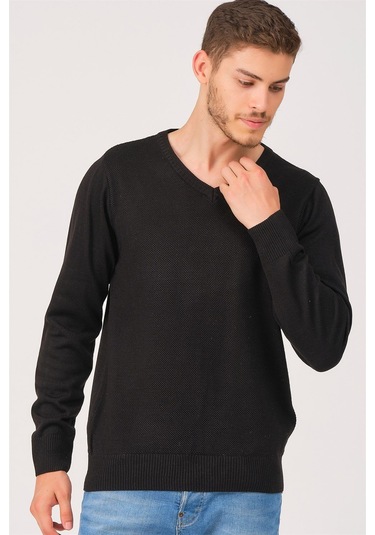 V0002 Dewberry Erkek V Yaka Kazak-siyah Siyah