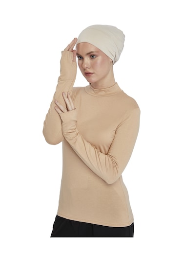 Kadın Organik Parmak Geçmeli Balıkçı Yakalı Body Koyu Bej