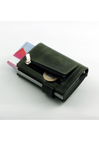 Ancora Leather Crazy Hakiki Deri Erkek Cüzdanı Otomatik Yeşil