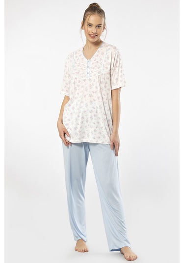 Türen 3369 Kadın Büyük Beden Kısa Kollu Pijama Takım-mavi Mavi