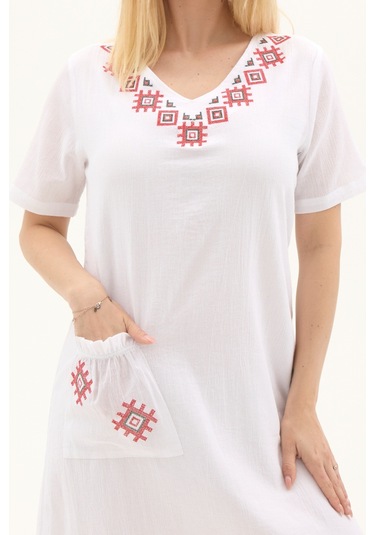 Şile Bezi Beyaz Kısa Kol Kruvaze Yaka Nakışlı Yazlık Midi Elbise