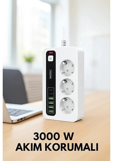 Vtn-p10 3x Priz 3000w Akım Korumalı 4x Usb 2x Type-c Girişli Çoklu Priz 2 M