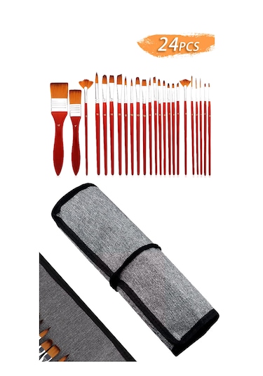 Kırmızı 24 Parçalı Profesyonel Sanat Fırça Seti Yağlıboya Akrilik