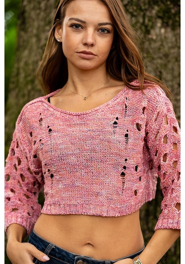 Verdeblanco Yırtık Detaylı Örme Crop Top Açık Pembe