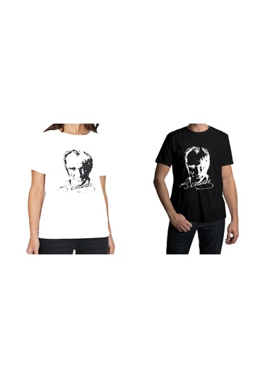 Atatürk Baskılı Beyaz - Siyah Tişört Atatürk Tişörtü Beyaz
