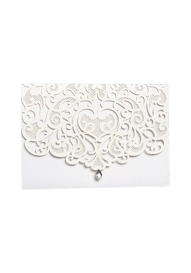 Shineyee 10'lu Beyaz Kristal Taşlı Laser Kesimli Çiçek Desenli Davetiye Seti Zarf + Kılıf + Boş İç Sayfa - Düğün, Parti, Doğum Günü