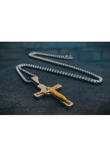 Gerçek Altın Ve Gümüş Görünümlü Parlak Çelik İsa Figürlü Erkek Haç Kolye Altın - Gümüş