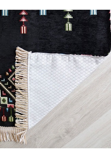 Çeyizlik Hediyelik Seccade Eşarp Tesbih Set Kilim Desenli Kadife Astarlı Seccade, Eşarp, Kristal Tesbih Özel Kutulu Lüks Hediye Seti Siyah