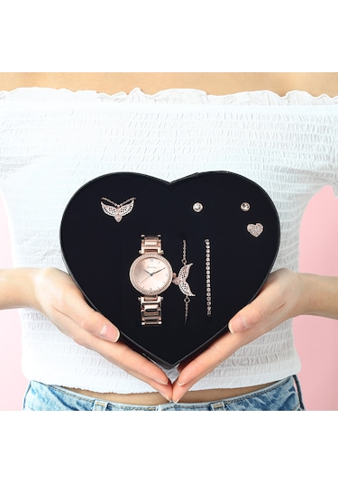 Rose Melek Kanadı Kolye Bileklik Küpe Yüzük Saat Set  Ps11 Bronz