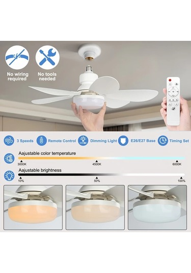 Dashanshop Fıbrave Akıllı Tavan Fanı Işık Kiti Uzaktan Kumanda E27 E26 Vida 3 Renk 3 Hız 30w Tavan Vantilatörleri Beyaz 42cm 52cm