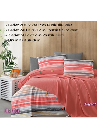 Valeria Tassel Kiremit Renkli Çift Kişilik Püsküllü Pike Takımı Kiremit