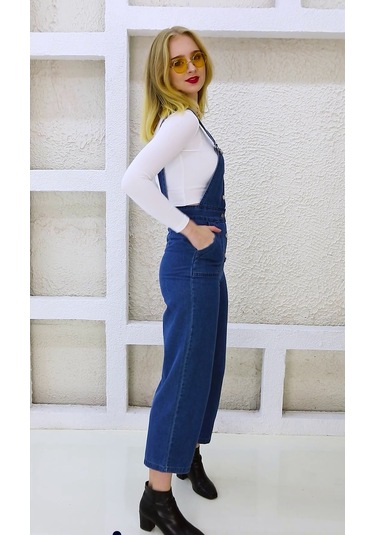 Önden Düğmeli Enzim Kumaş Salopet & Tulum Lacivert