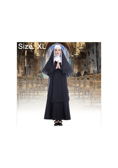 Cadılar Bayramı Kostümü Kadın Rahibe Misyoner Cosplay Giyim, Boyut: Xl, Göğüs: 116cm, Elbise Uzunluğu: 147cm, Omuz Genişliği: 41cm