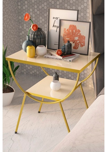 Yan Sehpa Komodin Metal Ayak Gold Krem Krem